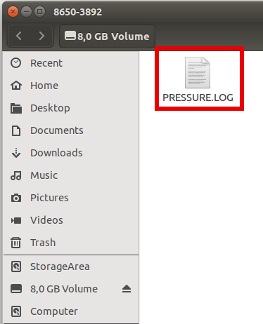 The pressure.log file is located in the root folder of the SD card