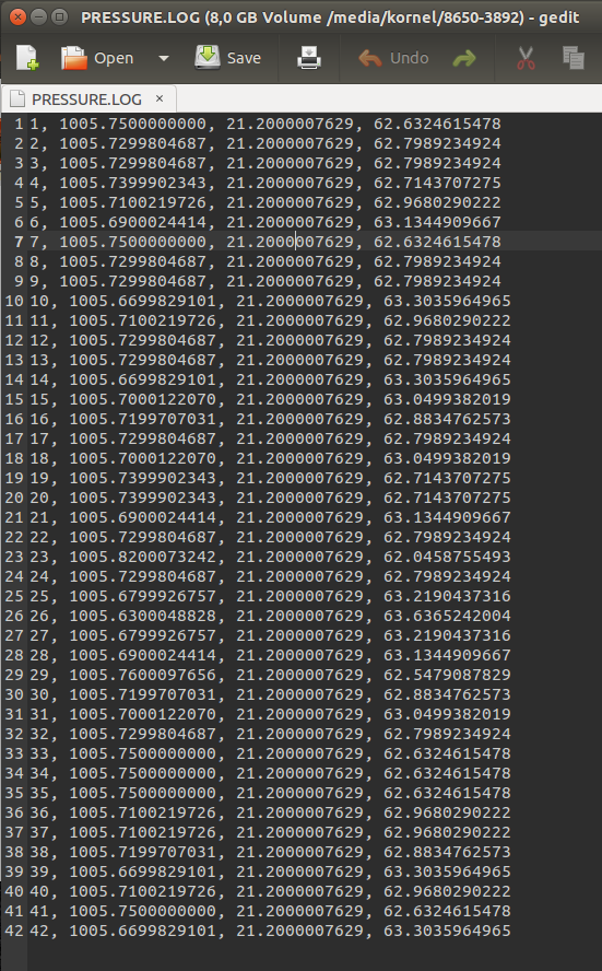 Sample content of the pressure.log file