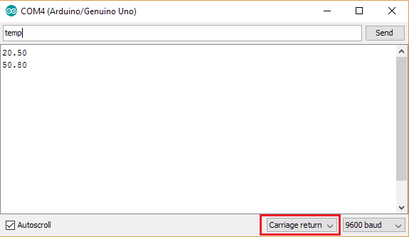Carriage return was selected in Arduino Serial Monitor