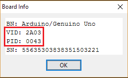 Vid and Pid values of the connected Arduino board