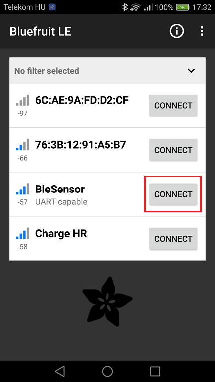 Search for the available devices and select BleSensor from the list